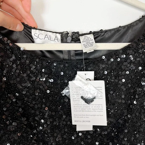 NWT Scala Black Silk Fully Sequin Long Sleeve Maxi Dress Side Slits Size Small - Picture 10 of 14